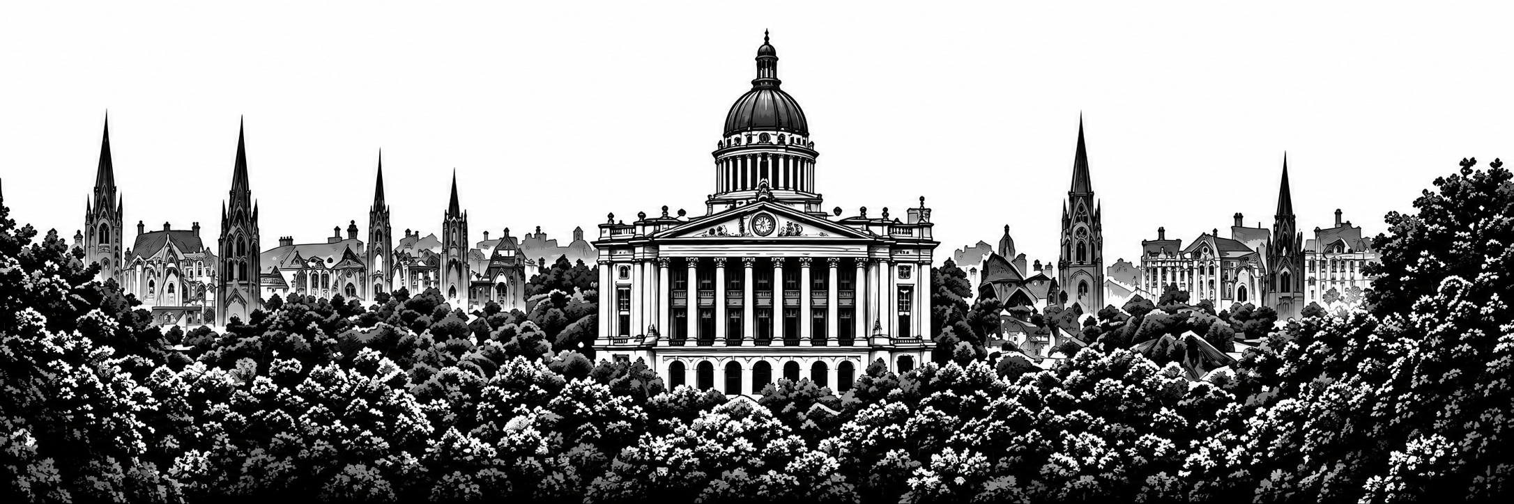 Black-and-white Nottingham skyline with the Council House